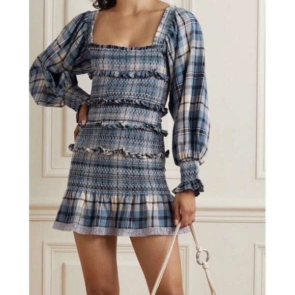 LoveShackFancy Stanley Smocked Plaid Dress Denim Skies Womens Size XS - Picture 3 of 7